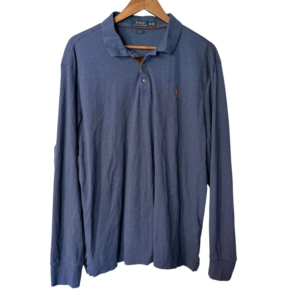 Polo Ralph Lauren Polo‎ XXL Slim Fit Blue Long Sleeve Cotton Heathered Pony Logo